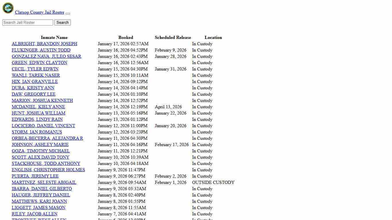 Clatsop County Jail Roster